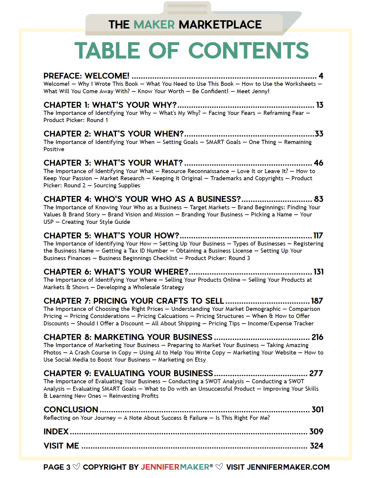 Table of Contents page for The Maker Marketplace Handbook